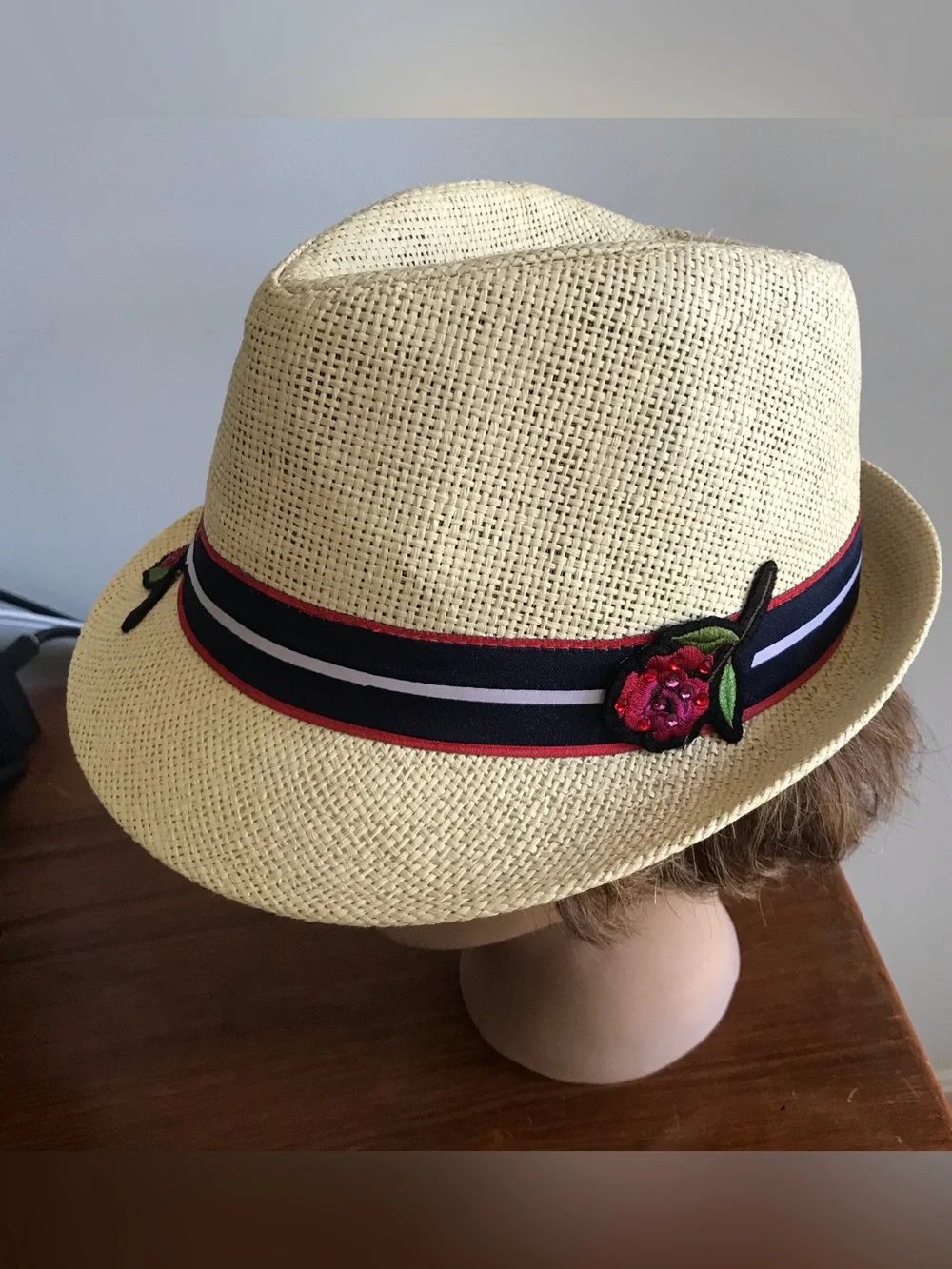 OOAK Upcycled Fedora Hat Jeweled Red Rose Floral Paper Straw Unisex Large 23”
